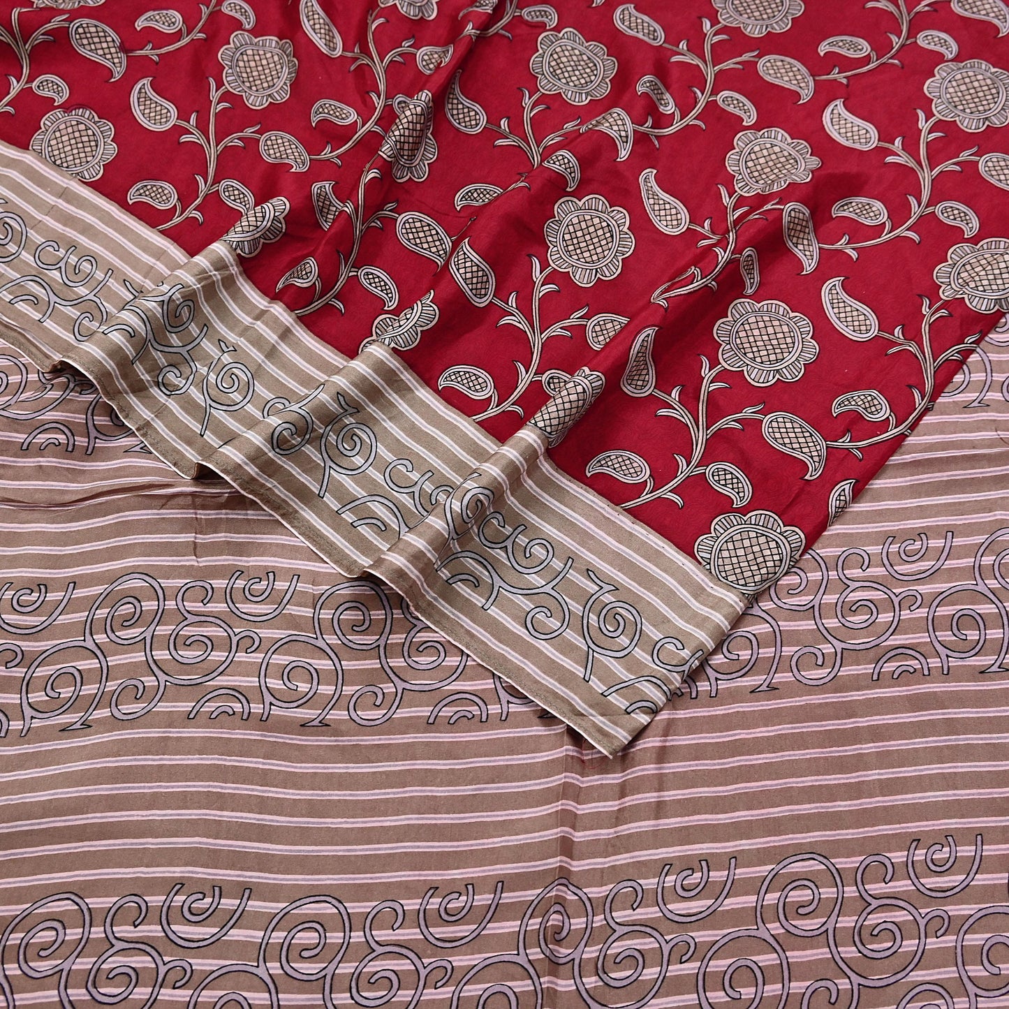 Indian Vintage Sari Red & Brown 100% Pure Silk Printed Sarees 6yd Craft Fabric Sewing Soft Dress Making Floral Quilting Crafting Upcycle