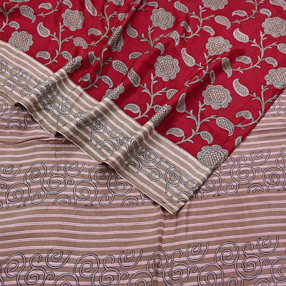 Indian Vintage Sari Red & Brown 100% Pure Silk Printed Sarees 6yd Craft Fabric Sewing Soft Dress Making Floral Quilting Crafting Upcycle