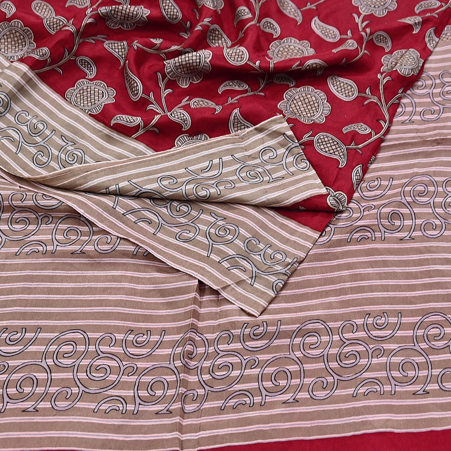 Indian Vintage Sari Red & Brown 100% Pure Silk Printed Sarees 6yd Craft Fabric Sewing Soft Dress Making Floral Quilting Crafting Upcycle