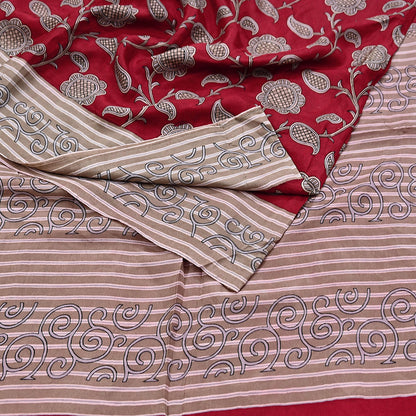 Indian Vintage Sari Red & Brown 100% Pure Silk Printed Sarees 6yd Craft Fabric Sewing Soft Dress Making Floral Quilting Crafting Upcycle