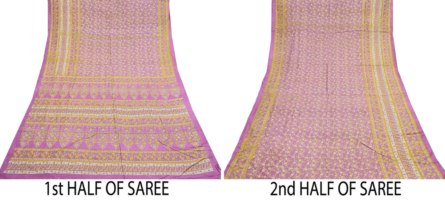 Indian Vintage Pink Pure Silk Printed Saree 6 Yards Soft Floral Fabric for Dressmaking, Quilting, Crafting, Sewing & Upcycling