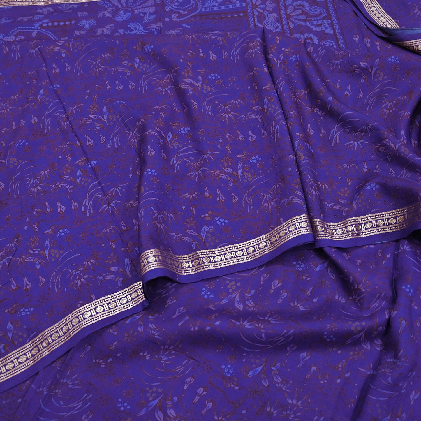 Vintage Blue Pure Silk Saree Indian Printed Silk Fabric 5 Yards Boho Craft Material for Sewing, Quilting, Dressmaking, Upcycling