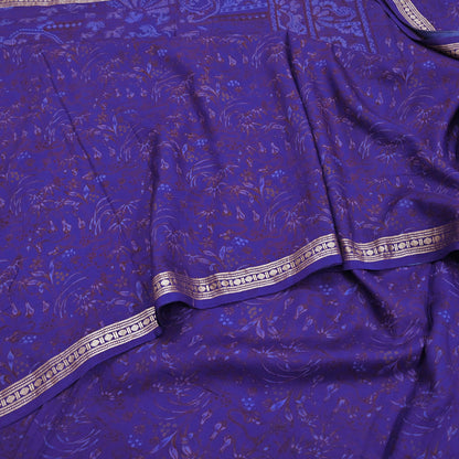 Vintage Blue Pure Silk Saree Indian Printed Silk Fabric 5 Yards Boho Craft Material for Sewing, Quilting, Dressmaking, Upcycling