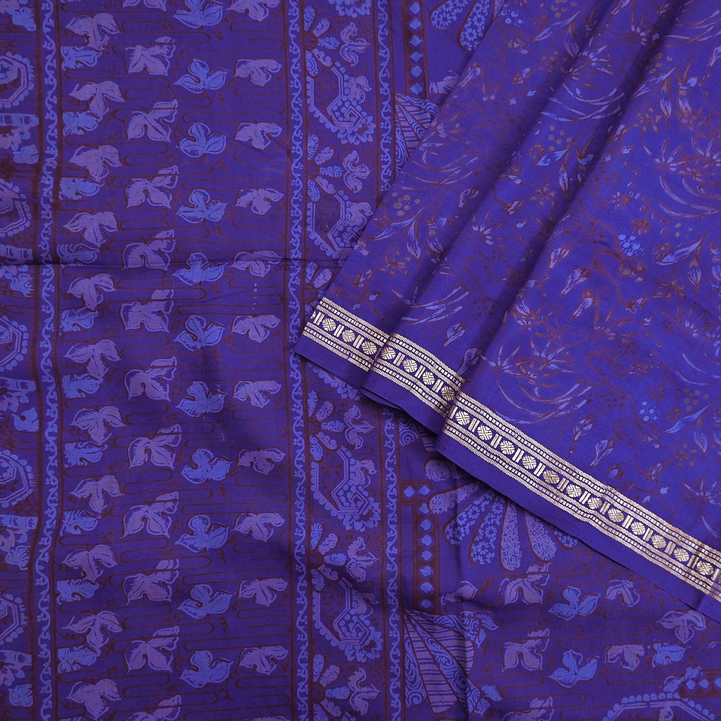 Vintage Blue Pure Silk Saree Indian Printed Silk Fabric 5 Yards Boho Craft Material for Sewing, Quilting, Dressmaking, Upcycling