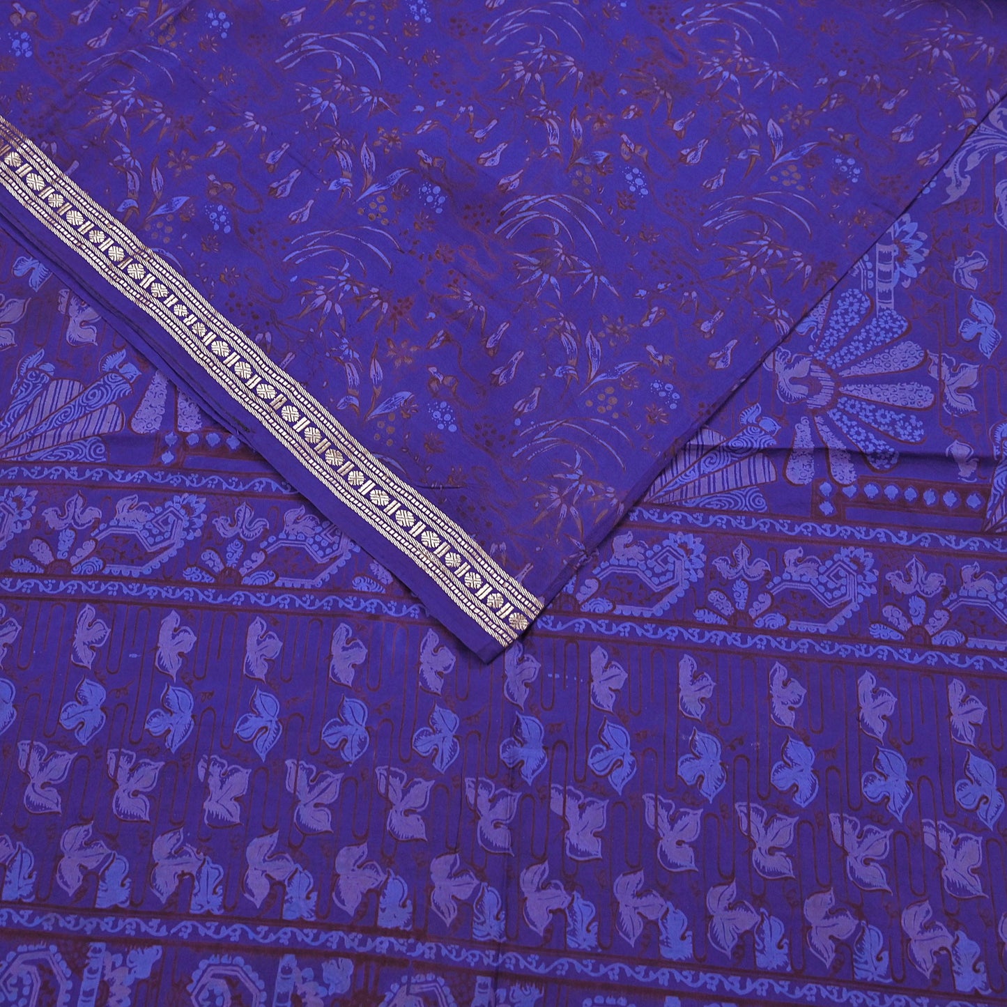Vintage Blue Pure Silk Saree Indian Printed Silk Fabric 5 Yards Boho Craft Material for Sewing, Quilting, Dressmaking, Upcycling