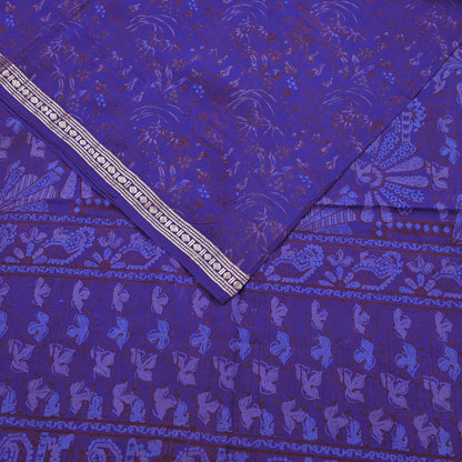 Vintage Blue Pure Silk Saree Indian Printed Silk Fabric 5 Yards Boho Craft Material for Sewing, Quilting, Dressmaking, Upcycling