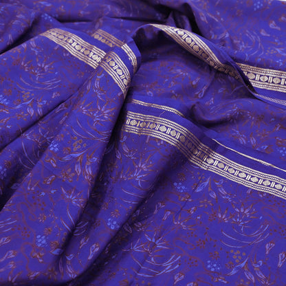 Vintage Blue Pure Silk Saree Indian Printed Silk Fabric 5 Yards Boho Craft Material for Sewing, Quilting, Dressmaking, Upcycling