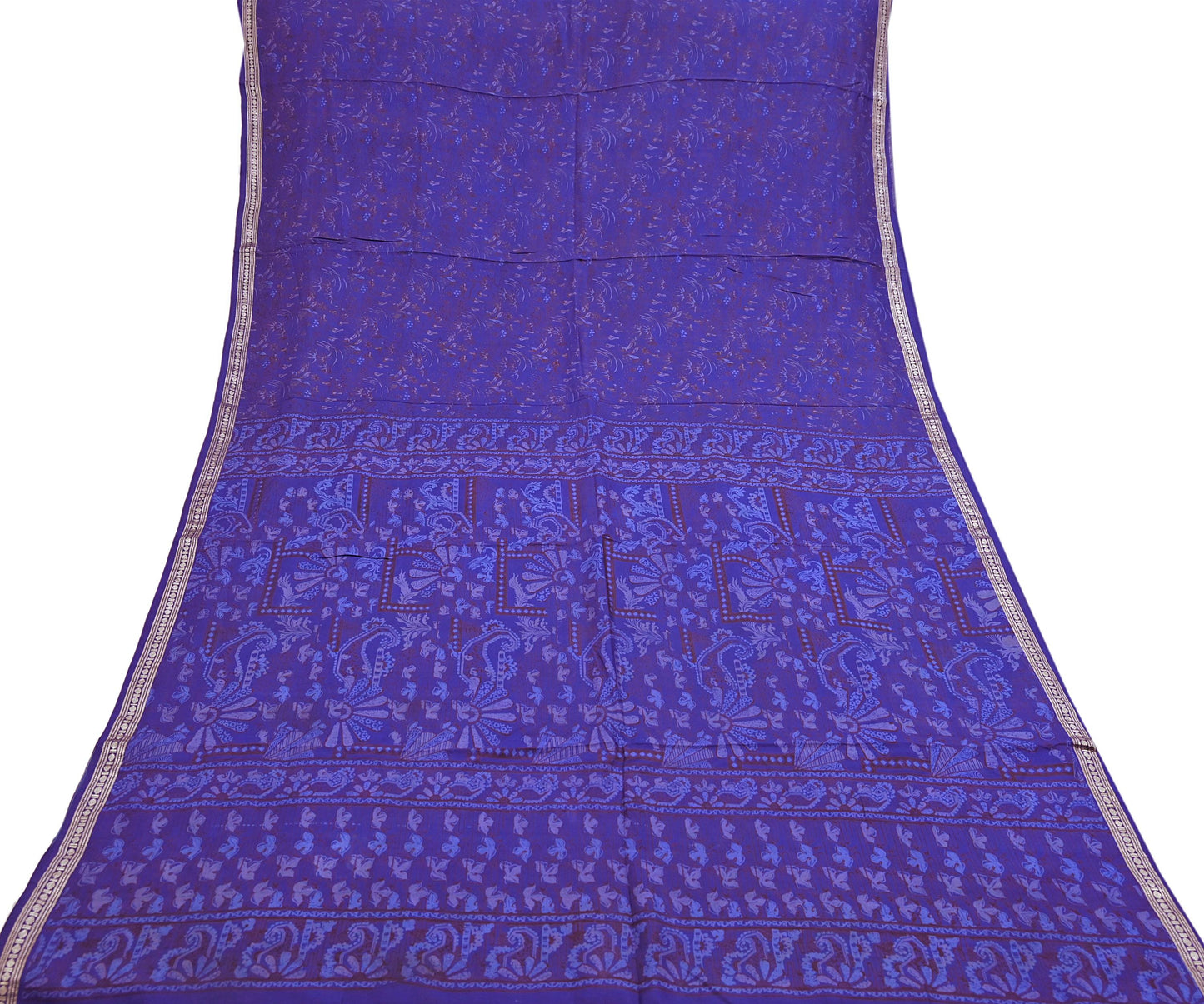 Vintage Blue Pure Silk Saree Indian Printed Silk Fabric 5 Yards Boho Craft Material for Sewing, Quilting, Dressmaking, Upcycling