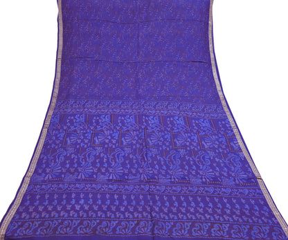 Vintage Blue Pure Silk Saree Indian Printed Silk Fabric 5 Yards Boho Craft Material for Sewing, Quilting, Dressmaking, Upcycling