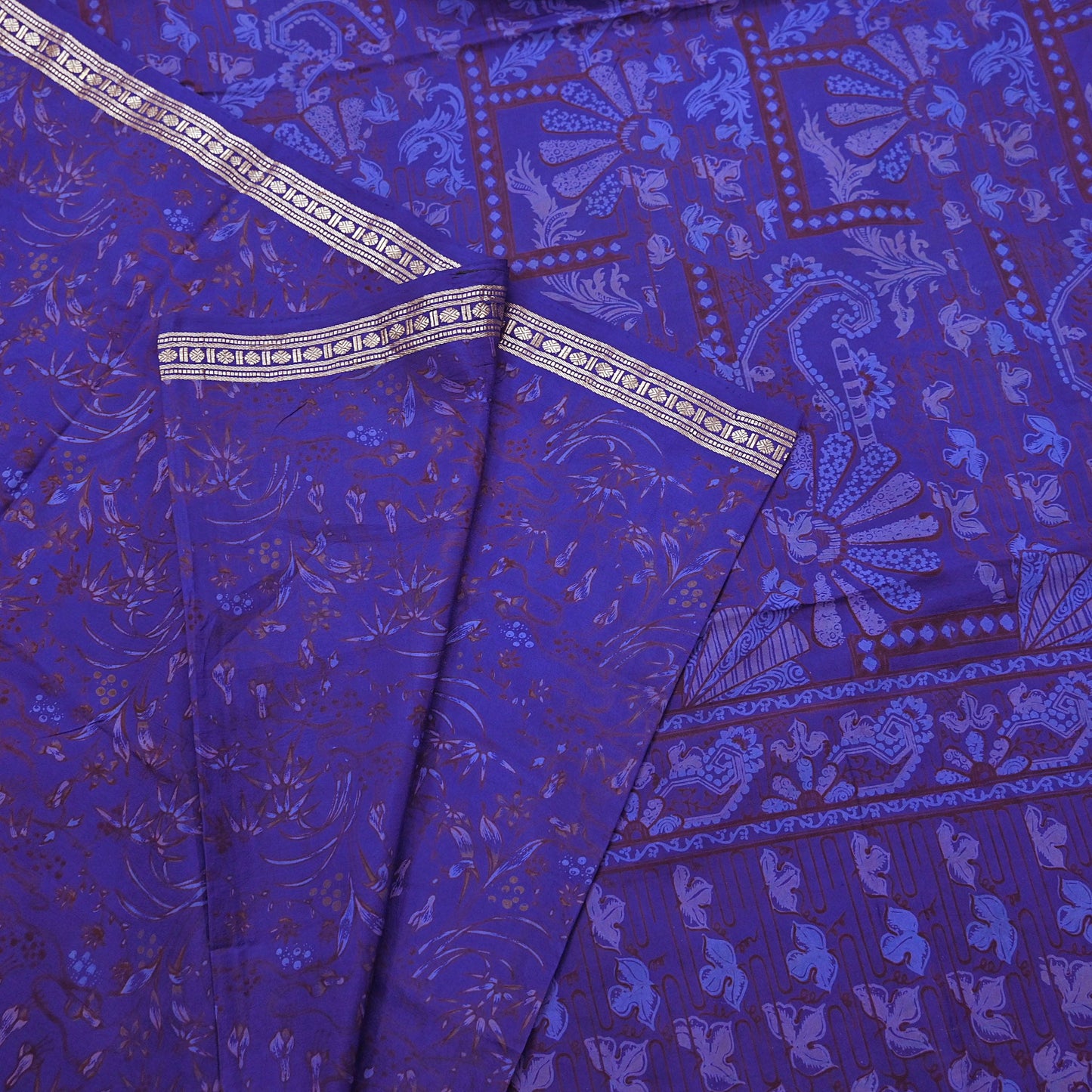 Vintage Blue Pure Silk Saree Indian Printed Silk Fabric 5 Yards Boho Craft Material for Sewing, Quilting, Dressmaking, Upcycling