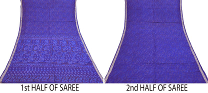 Vintage Blue Pure Silk Saree Indian Printed Silk Fabric 5 Yards Boho Craft Material for Sewing, Quilting, Dressmaking, Upcycling