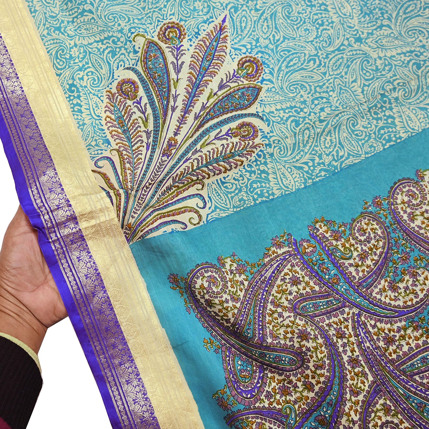 Vintage Green & Ivory Pure Silk Saree Indian Printed Silk Fabric 5 Yards Boho Craft Material for Sewing, Quilting, Dressmaking, Upcycling