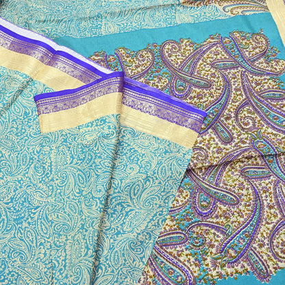 Vintage Green & Ivory Pure Silk Saree Indian Printed Silk Fabric 5 Yards Boho Craft Material for Sewing, Quilting, Dressmaking, Upcycling