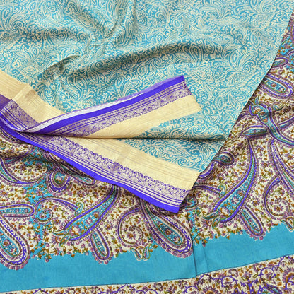 Vintage Green & Ivory Pure Silk Saree Indian Printed Silk Fabric 5 Yards Boho Craft Material for Sewing, Quilting, Dressmaking, Upcycling