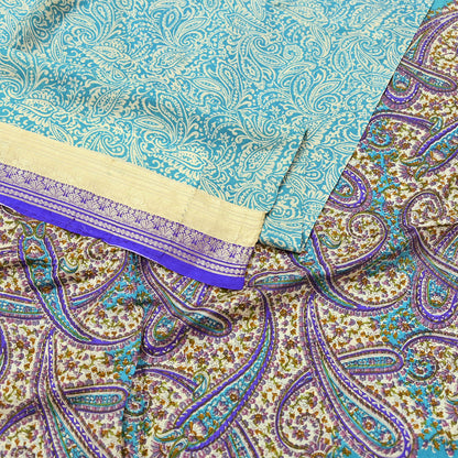 Vintage Green & Ivory Pure Silk Saree Indian Printed Silk Fabric 5 Yards Boho Craft Material for Sewing, Quilting, Dressmaking, Upcycling