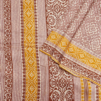 Indian Vintage Sari Ivory & Brown 100% Pure Silk Printed Sarees 5yd Craft Fabric Sewing Soft Dress Making Floral Quilting Crafting Upcycle