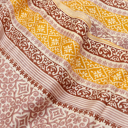 Indian Vintage Sari Ivory & Brown 100% Pure Silk Printed Sarees 5yd Craft Fabric Sewing Soft Dress Making Floral Quilting Crafting Upcycle