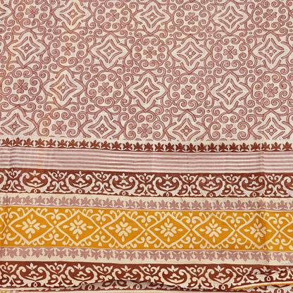 Indian Vintage Sari Ivory & Brown 100% Pure Silk Printed Sarees 5yd Craft Fabric Sewing Soft Dress Making Floral Quilting Crafting Upcycle