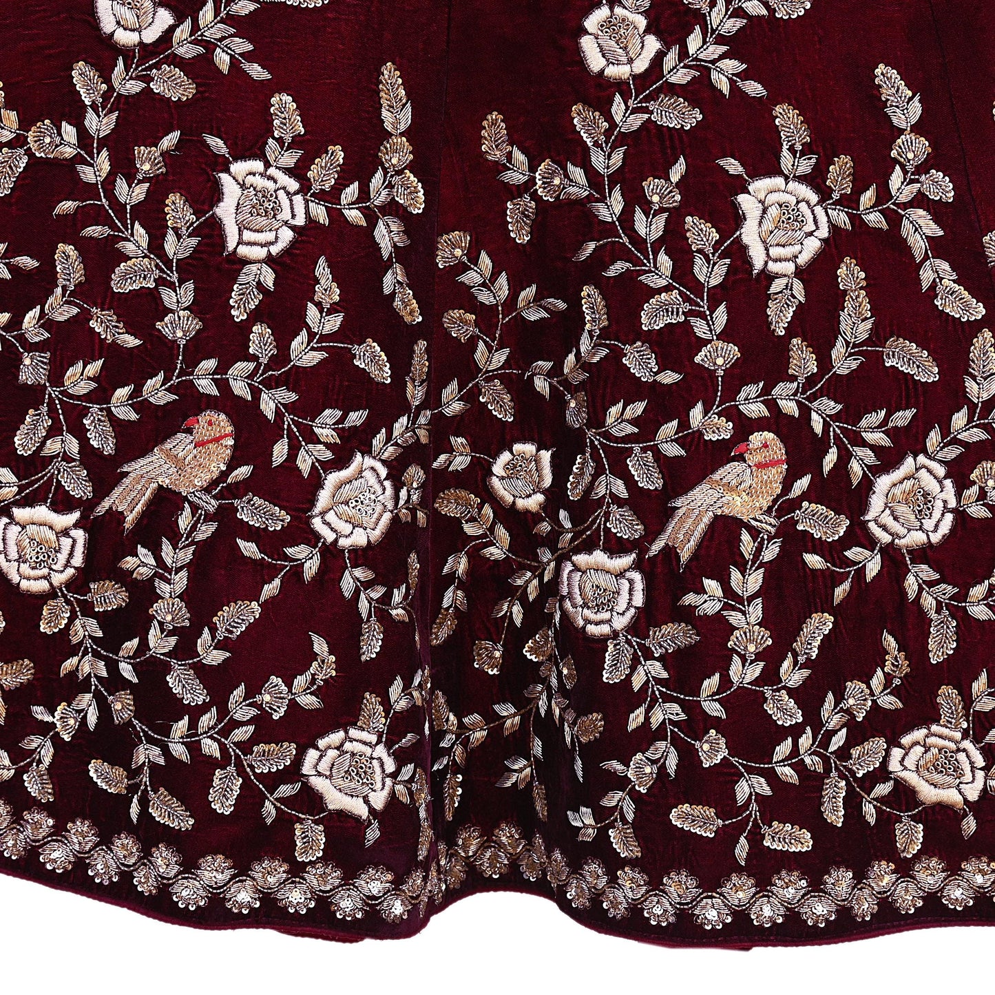 Indian Pre-owned Heavy Wedding Maroon Velvet Hand Embroidered Lehenga/Skirt Designer By Anamika Khanna Bridal Wear