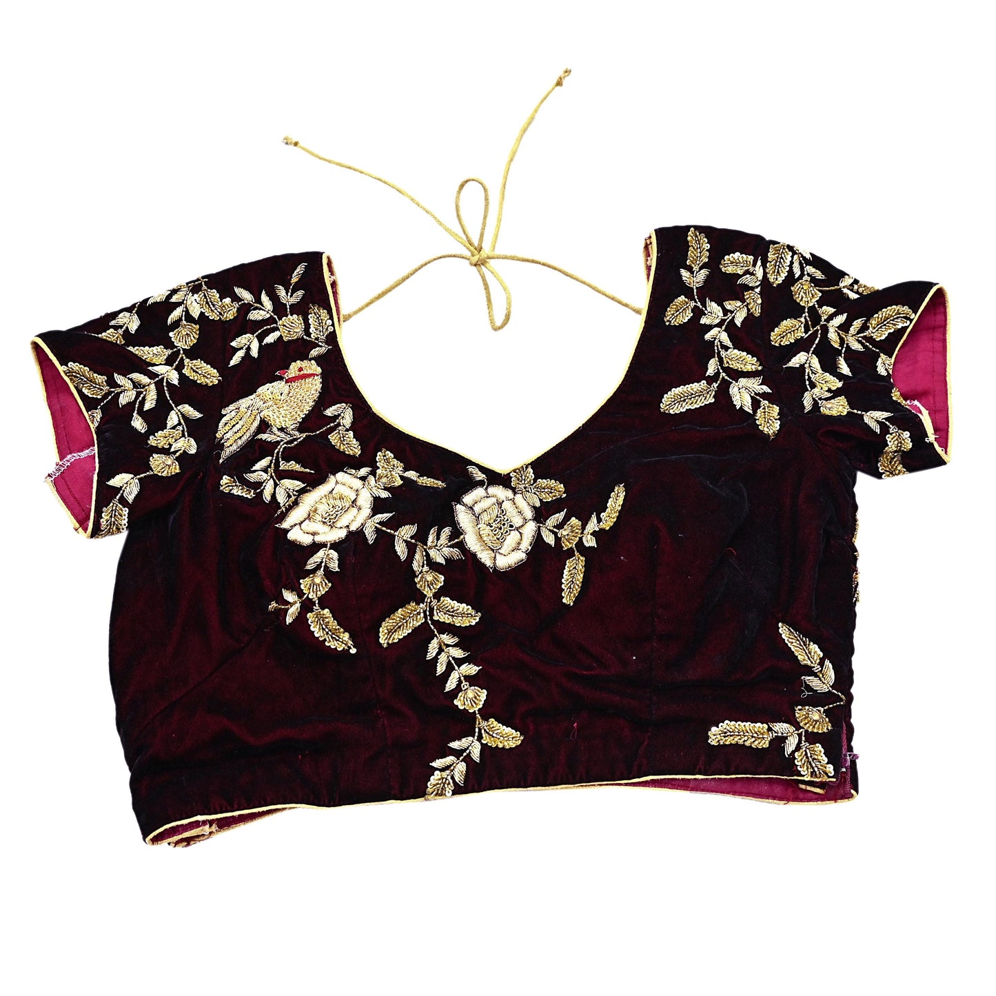Indian Pre-owned Heavy Maroon Velvet Hand Embroidered By Designer Anamika Khanna Padded Blouse/Top/Crop M Size Party wear Bollywood