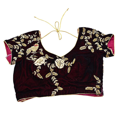Indian Pre-owned Heavy Maroon Velvet Hand Embroidered By Designer Anamika Khanna Padded Blouse/Top/Crop M Size Party wear Bollywood