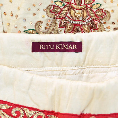 Indian Pre-owned Ivory Pure Satin Silk Hand Embroidered Ritu Kumar Designer Lehenga/Skirt Ethnic Bollywood Party Wear