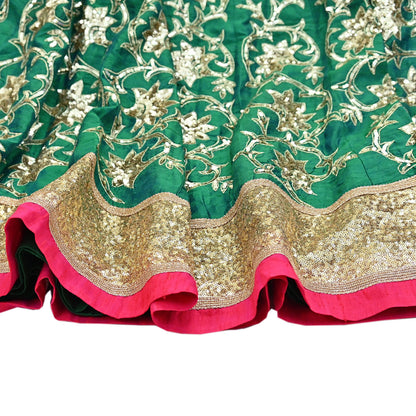 Indian Vintage Green Raw Silk Hand Embroidered Skirt Bridal Party Wear Bollywood Lehenga Zardozi/ Dabka, Zari