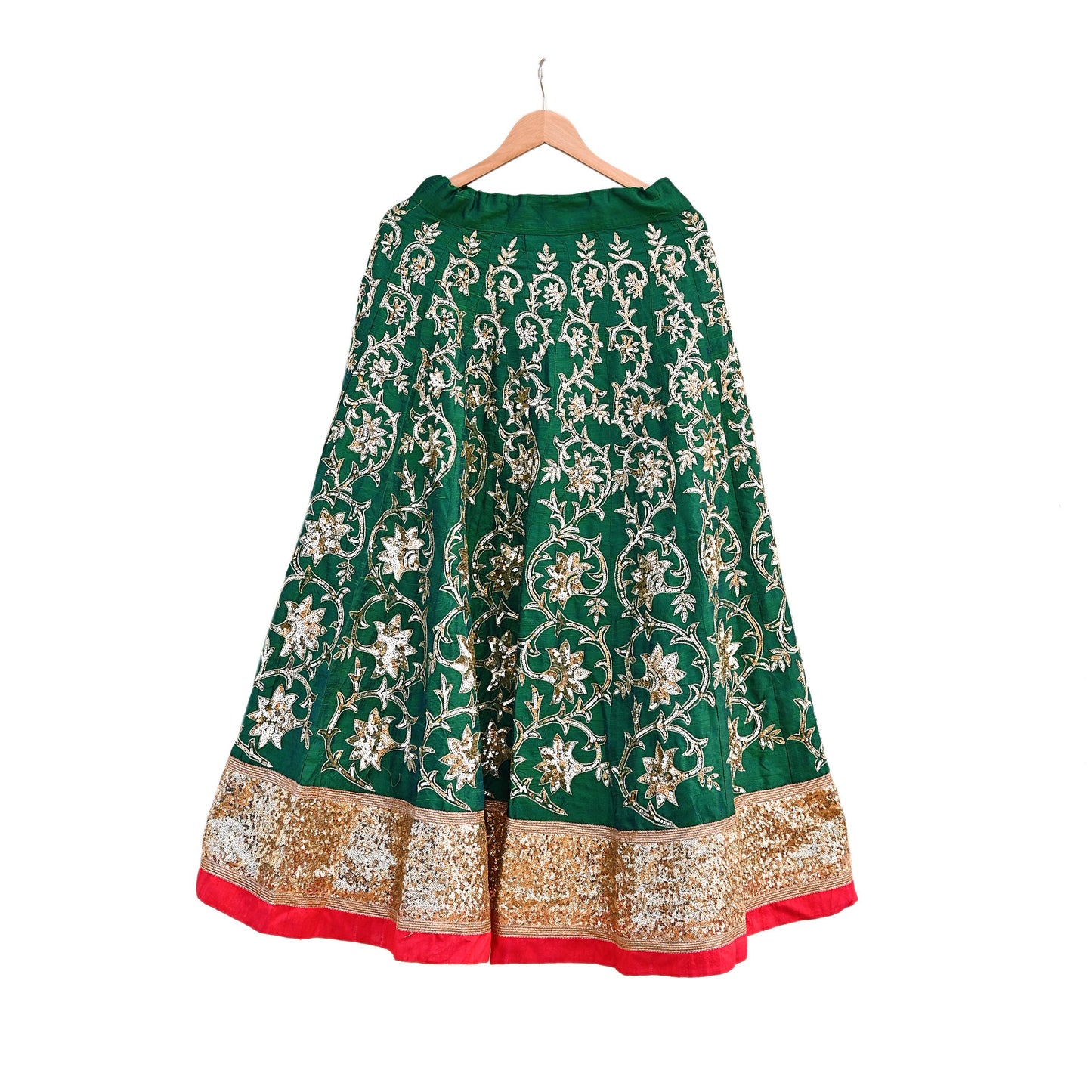 Indian Vintage Green Raw Silk Hand Embroidered Skirt Bridal Party Wear Bollywood Lehenga Zardozi/ Dabka, Zari