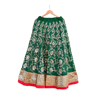 Indian Vintage Green Raw Silk Hand Embroidered Skirt Bridal Party Wear Bollywood Lehenga Zardozi/ Dabka, Zari