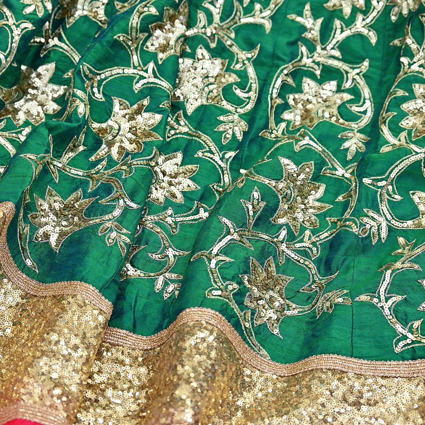 Indian Vintage Green Raw Silk Hand Embroidered Skirt Bridal Party Wear Bollywood Lehenga Zardozi/ Dabka, Zari