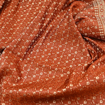 Vintage Rusty Orange Banarasi Silk Saree Pure Satin Silk Handwoven Tanchoi Fabric with Floral Weave 5 Yard Dressmaking Craft Material