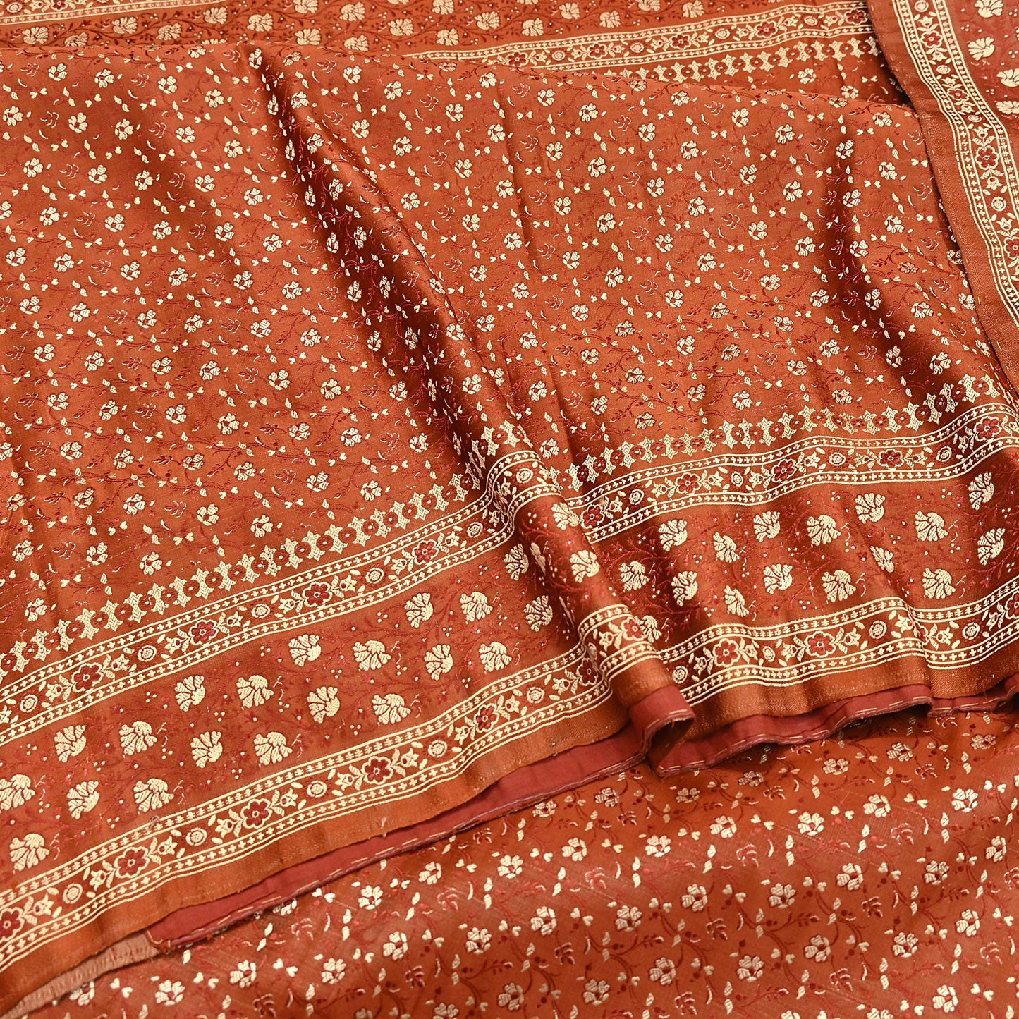 Vintage Rusty Orange Banarasi Silk Saree Pure Satin Silk Handwoven Tanchoi Fabric with Floral Weave 5 Yard Dressmaking Craft Material