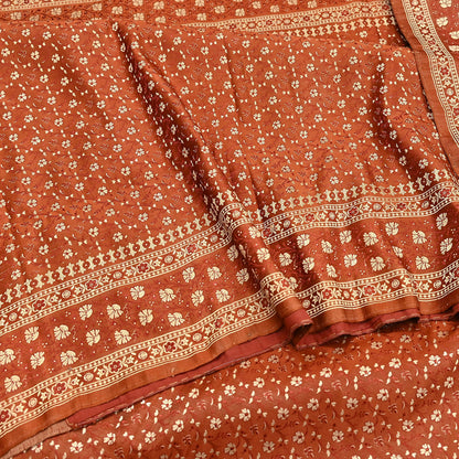 Vintage Rusty Orange Banarasi Silk Saree Pure Satin Silk Handwoven Tanchoi Fabric with Floral Weave 5 Yard Dressmaking Craft Material