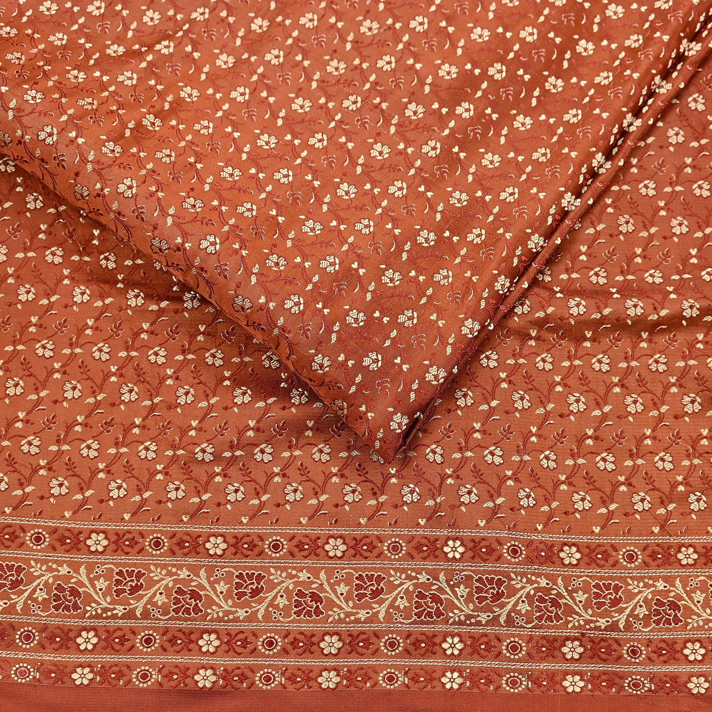 Vintage Rusty Orange Banarasi Silk Saree Pure Satin Silk Handwoven Tanchoi Fabric with Floral Weave 5 Yard Dressmaking Craft Material