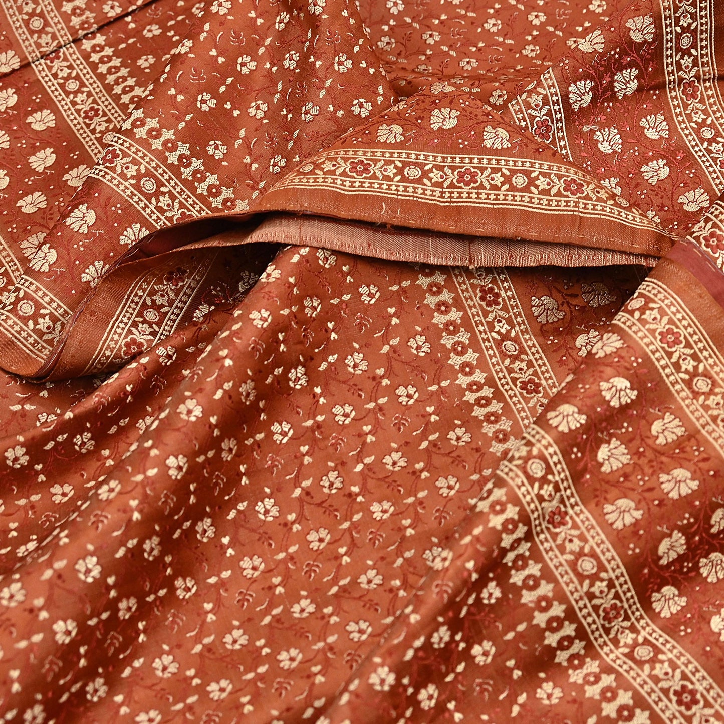Vintage Rusty Orange Banarasi Silk Saree Pure Satin Silk Handwoven Tanchoi Fabric with Floral Weave 5 Yard Dressmaking Craft Material