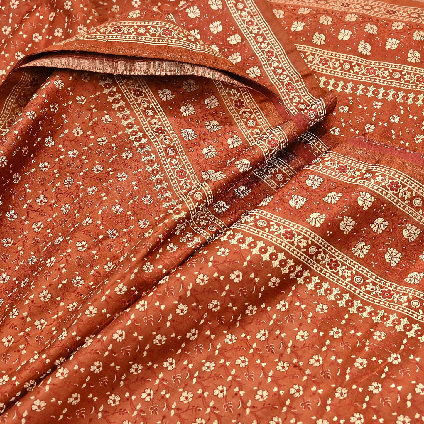 Vintage Rusty Orange Banarasi Silk Saree Pure Satin Silk Handwoven Tanchoi Fabric with Floral Weave 5 Yard Dressmaking Craft Material