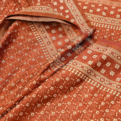Vintage Rusty Orange Banarasi Silk Saree Pure Satin Silk Handwoven Tanchoi Fabric with Floral Weave 5 Yard Dressmaking Craft Material