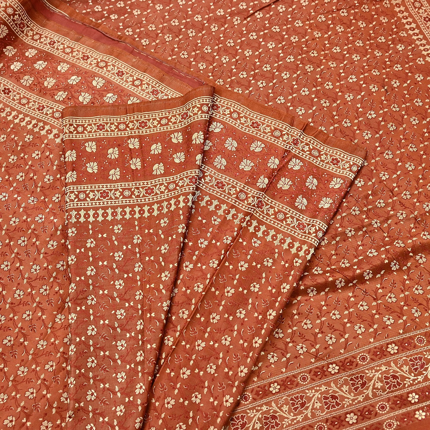 Vintage Rusty Orange Banarasi Silk Saree Pure Satin Silk Handwoven Tanchoi Fabric with Floral Weave 5 Yard Dressmaking Craft Material