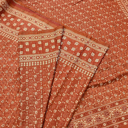 Vintage Rusty Orange Banarasi Silk Saree Pure Satin Silk Handwoven Tanchoi Fabric with Floral Weave 5 Yard Dressmaking Craft Material