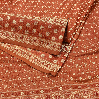 Vintage Rusty Orange Banarasi Silk Saree Pure Satin Silk Handwoven Tanchoi Fabric with Floral Weave 5 Yard Dressmaking Craft Material