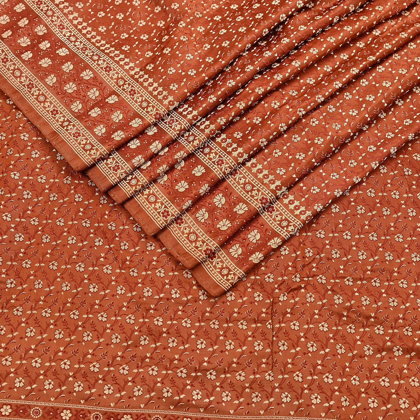 Vintage Rusty Orange Banarasi Silk Saree Pure Satin Silk Handwoven Tanchoi Fabric with Floral Weave 5 Yard Dressmaking Craft Material