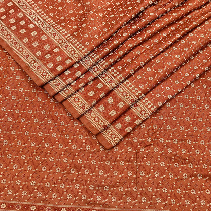 Vintage Rusty Orange Banarasi Silk Saree Pure Satin Silk Handwoven Tanchoi Fabric with Floral Weave 5 Yard Dressmaking Craft Material