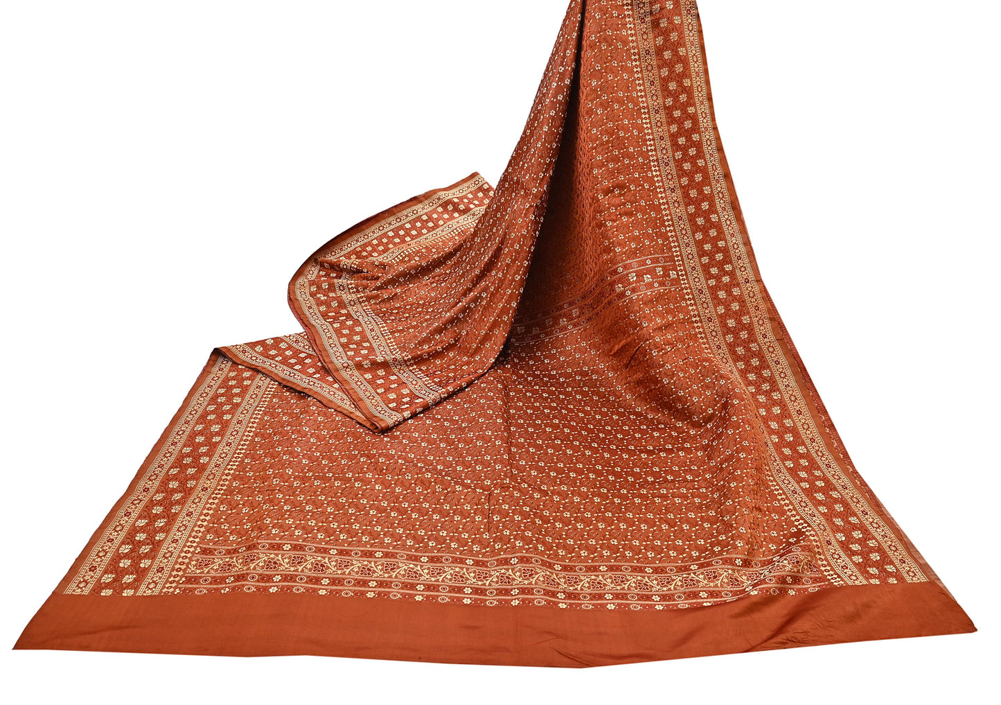 Vintage Rusty Orange Banarasi Silk Saree Pure Satin Silk Handwoven Tanchoi Fabric with Floral Weave 5 Yard Dressmaking Craft Material