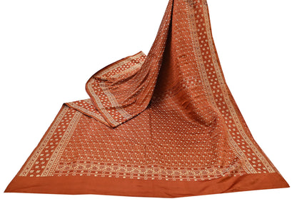 Vintage Rusty Orange Banarasi Silk Saree Pure Satin Silk Handwoven Tanchoi Fabric with Floral Weave 5 Yard Dressmaking Craft Material