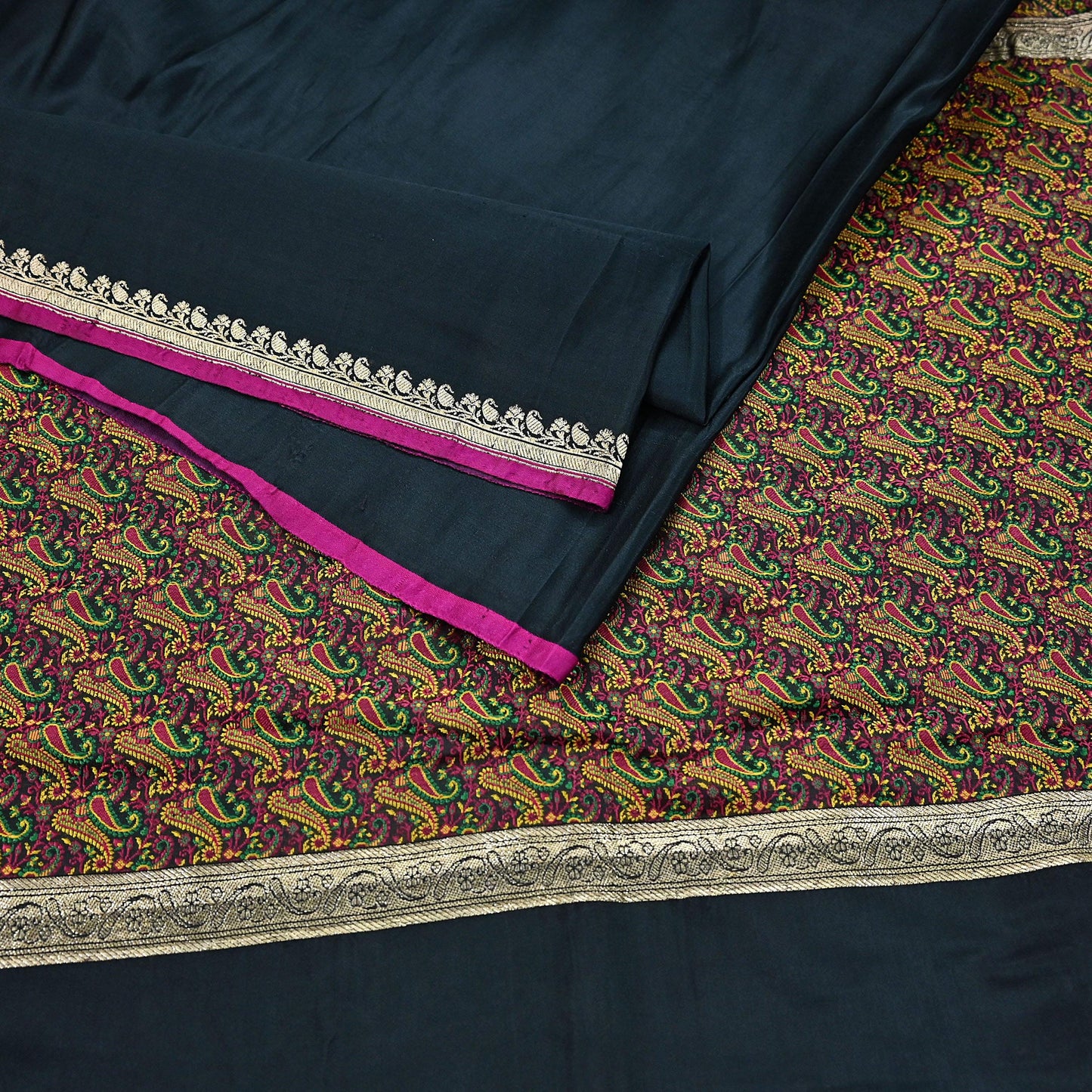 Indian Vintage Sari Black Heavy Wedding Pure Satin Silk Woven Banarasi Tanchoi Saree 5Yd Ethnic Craft Fabric Upcycle Bridal Heavy Sarees