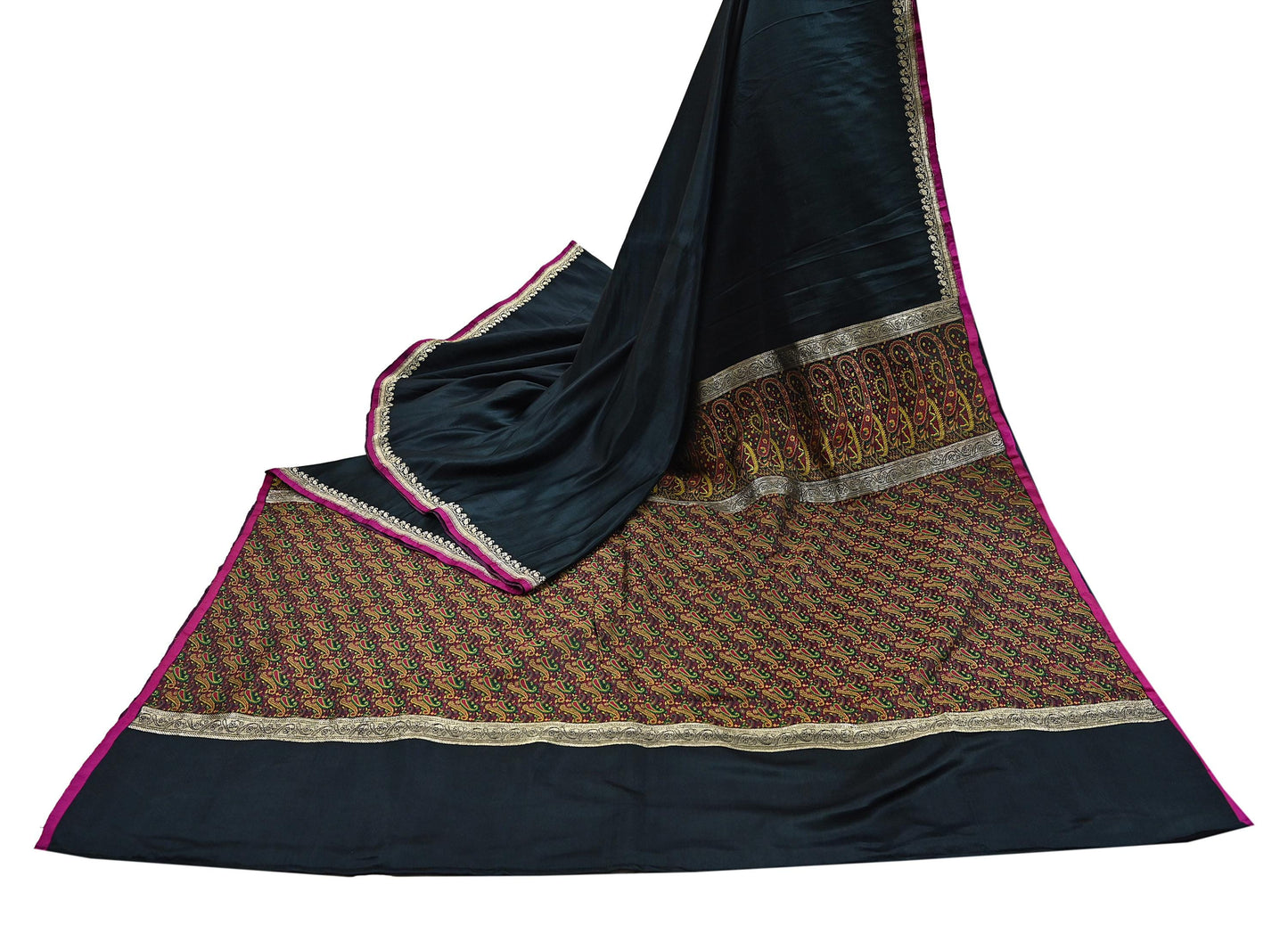 Indian Vintage Sari Black Heavy Wedding Pure Satin Silk Woven Banarasi Tanchoi Saree 5Yd Ethnic Craft Fabric Upcycle Bridal Heavy Sarees