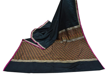 Indian Vintage Sari Black Heavy Wedding Pure Satin Silk Woven Banarasi Tanchoi Saree 5Yd Ethnic Craft Fabric Upcycle Bridal Heavy Sarees