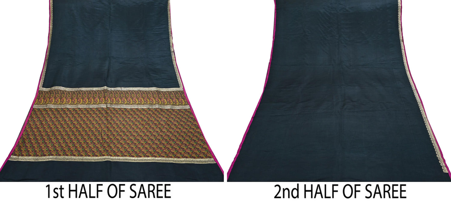 Indian Vintage Sari Black Heavy Wedding Pure Satin Silk Woven Banarasi Tanchoi Saree 5Yd Ethnic Craft Fabric Upcycle Bridal Heavy Sarees