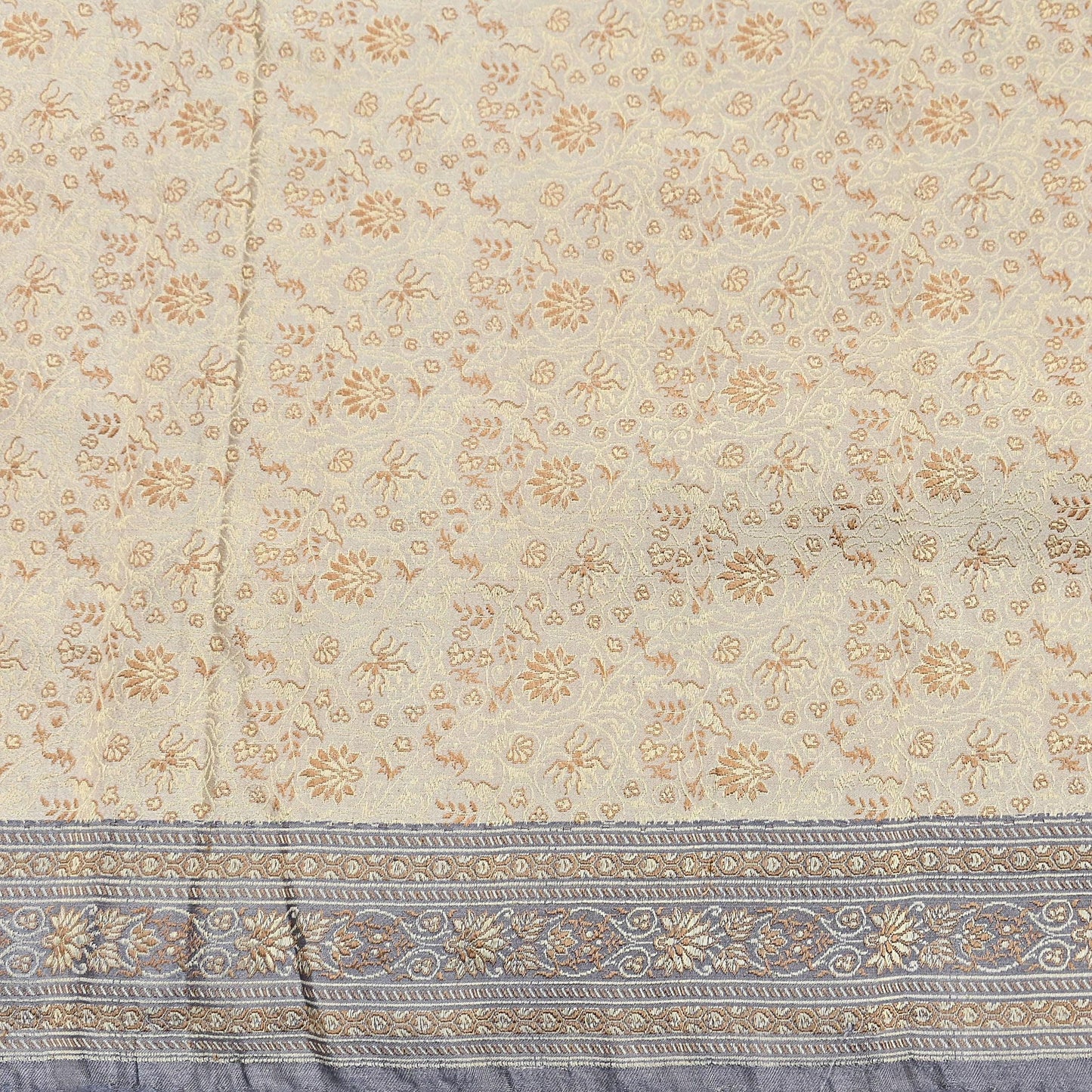 Vintage Beige & Gray Banarasi Silk Saree Pure Satin Silk Handwoven Tanchoi Fabric with Floral Weave 5 Yard Dressmaking Craft Material