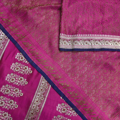 Indian Vintage Sari Pink Heavy Wedding Pure Satin Silk Woven Banarasi Tanchoi Saree 5Yd Ethnic Craft Fabric Upcycle Bridal Heavy Sarees